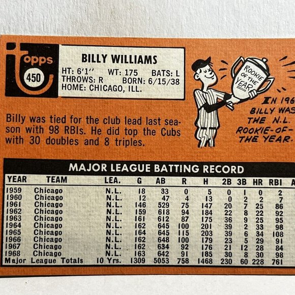 1969 Topps #450 Billy Williams Chicago Cubs  MLB Baseball Card Awesome NRMT - Picture 2 of 2